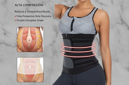 Black waist trainer being worn by a person, with text highlighting its benefits on a white background.